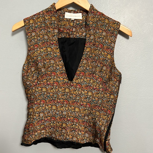 Julian Chang Silk Fitted Deep Decollate Jacquard sleeveless top size 8- vintage - Picture 6 of 12